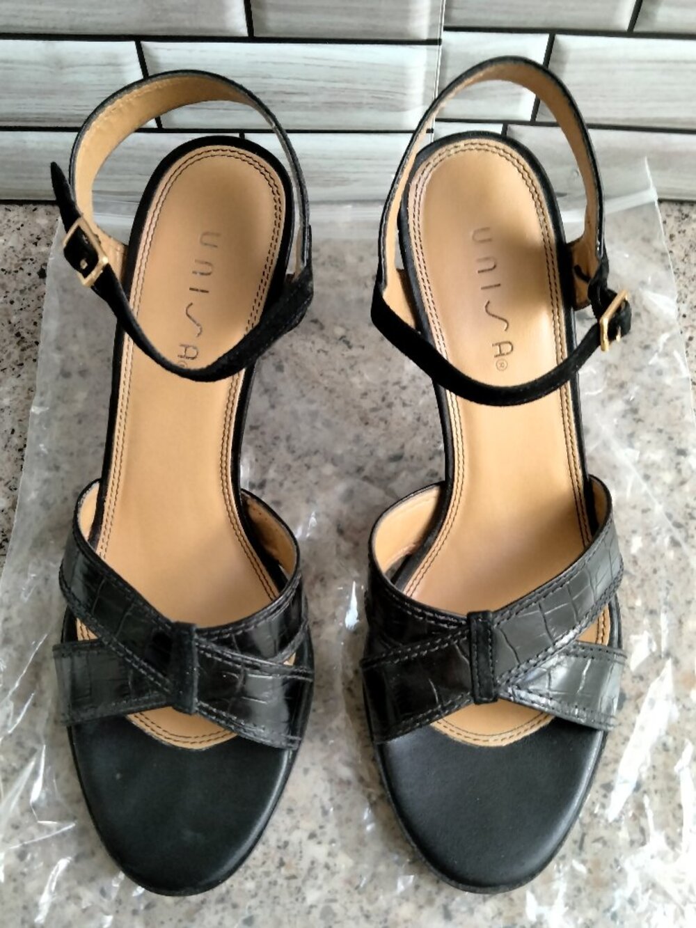 Strappy Black Leather Wood Heels